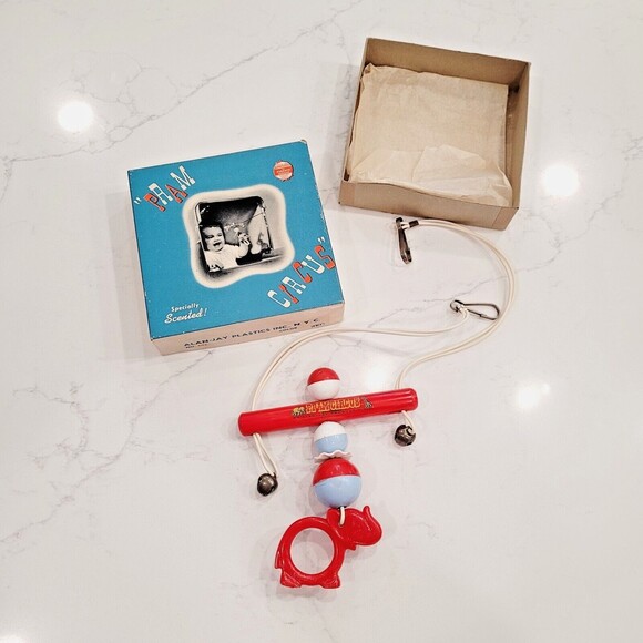 Bakelite Rattle Elephant Toy Crib Pram Circus Alan Jay Plastics Red Blue Vintage - Picture 3 of 16